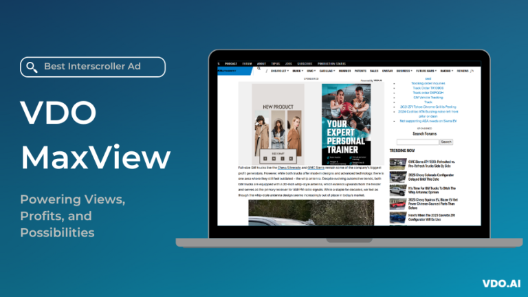 VDO MaxView – Best Interscroller Ad Format for Publishers | A laptop screen displaying VDO MaxView's seamless ad integration on a website, enhancing views, profits, and possibilities with a non-intrusive user experience.